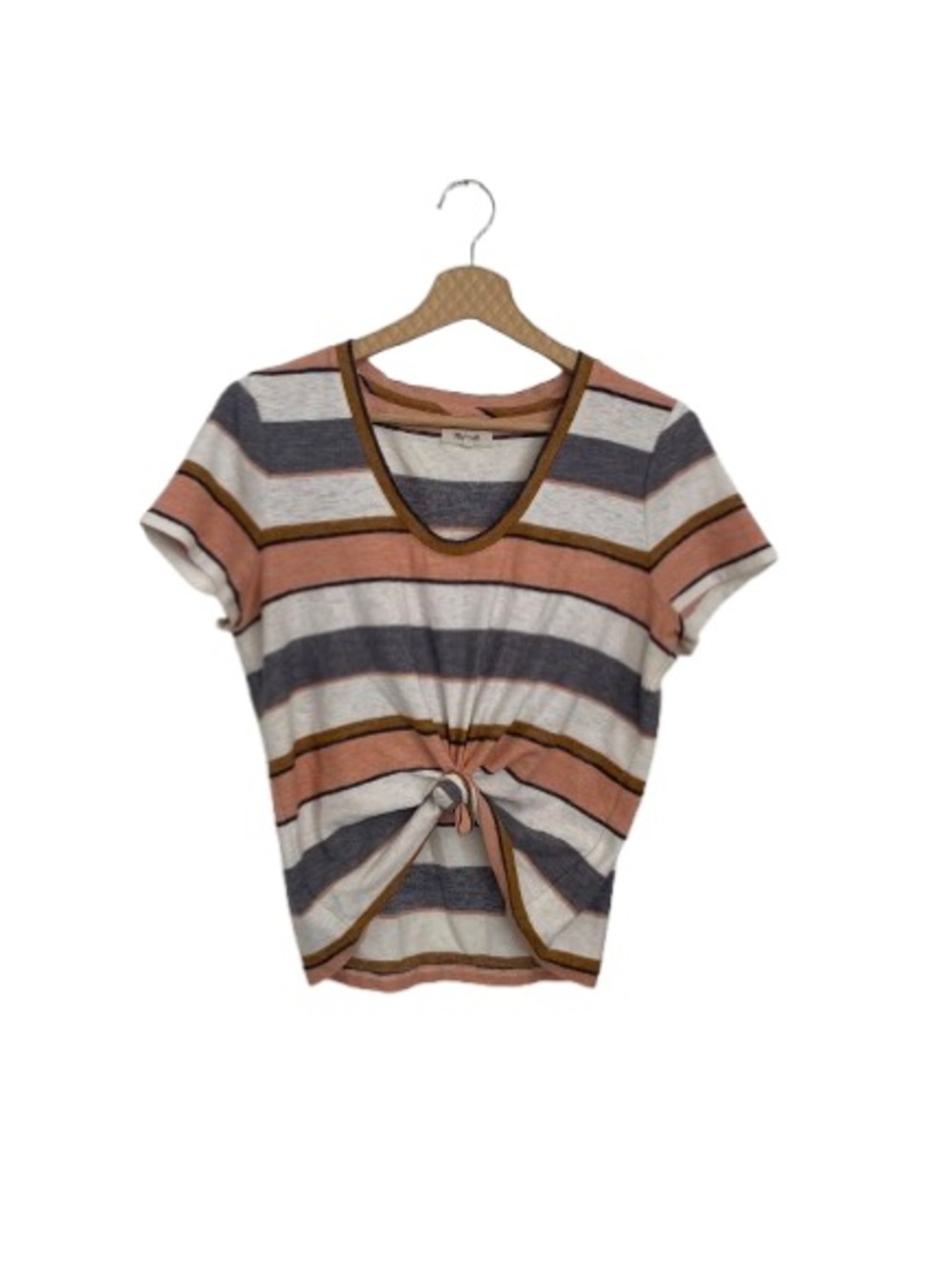 Madewell Striped Tie-Front Short Sleeve Top in Peach, Gray and Cream - Picture 1 of 8